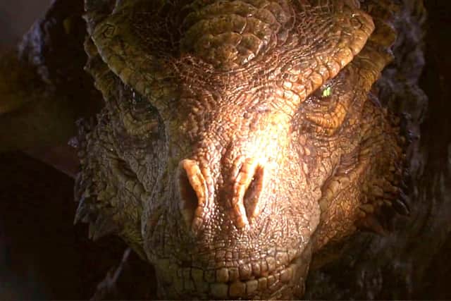 A dragon's face - thought to be legendary dragon Vhagar - appears at the end of the House of the Dragon trailer (HBO)