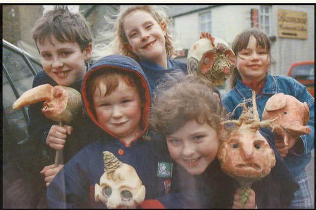 Children in Stromness in the 1980s with their gruesome neep heads for Pop Day, which was marked on November 25. Pic: Keith Allardyce, courtesy of Stromness Museum.