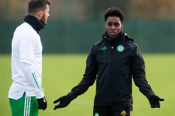 Jeremie Frimpong  with Albian Ajeti (left) during Celtic training at Lennoxtown on Wednesday (Photo by Craig Foy / SNS Group)