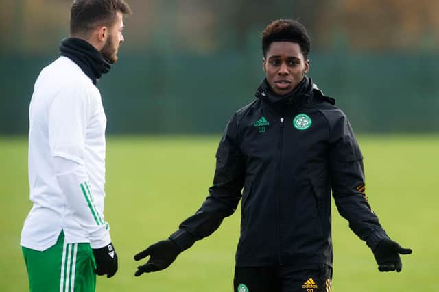 Jeremie Frimpong with Albian Ajeti (left) during Celtic training at Lennoxtown on Wednesday (Photo by Craig Foy / SNS Group)