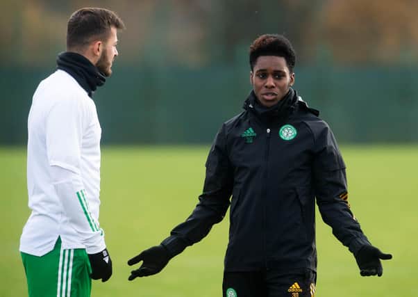 Jeremie Frimpong with Albian Ajeti (left) during Celtic training at Lennoxtown on Wednesday (Photo by Craig Foy / SNS Group)