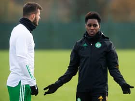 Jeremie Frimpong  with Albian Ajeti (left) during Celtic training at Lennoxtown on Wednesday (Photo by Craig Foy / SNS Group)