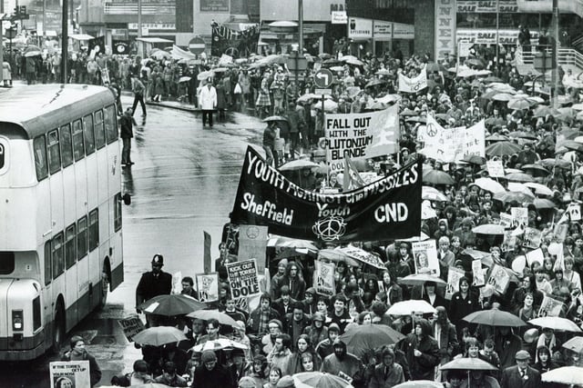 An anti-nuclear demonstration makes its way through the streets of Sheffield on March 14, 1981