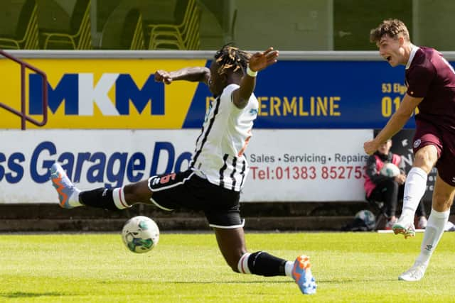 Luke Rathie opened the scoring for Hearts with this angled drive.