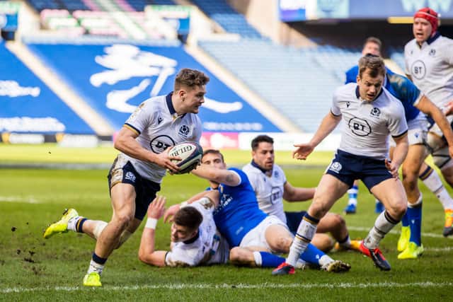 Darcy Graham in try-scoring form for Scotland against Italy during the Guinness Six Nations. Picture: Craig Williamson/SNS