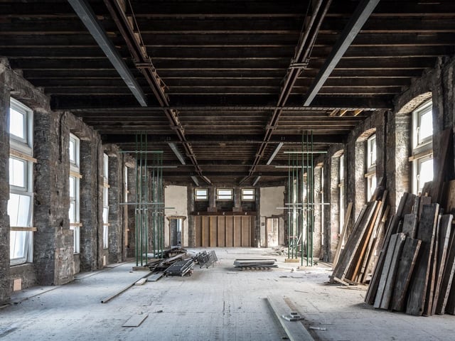 The building was stripped back to a shell before the refurbishment could start, with as much existing material as possible saved and reused – original flagstone floors which were once covered in distinctive linoleum tiles can now be seen in their full glory