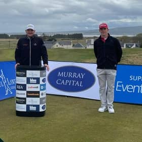 Paul Lawrie, the Tartan Pro Tour founder, plaayed with amateurs Connor Wilson, left, and Gregor Graham, right, in the opening round of the Royal Dornoch Masters. Picture: Tartan Pro Tour