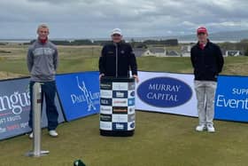 Paul Lawrie, the Tartan Pro Tour founder, plaayed with amateurs Connor Wilson, left, and Gregor Graham, right, in the opening round of the Royal Dornoch Masters. Picture: Tartan Pro Tour