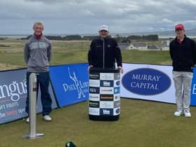 Paul Lawrie, the Tartan Pro Tour founder, plaayed with amateurs Connor Wilson, left, and Gregor Graham, right, in the opening round of the Royal Dornoch Masters. Picture: Tartan Pro Tour