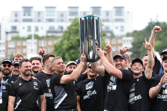 Franco Smith and Kyle Steyn are pictured at the Glasgow Warriors homecoming event at Scotstoun Stadium after winning the United Rugby Championship Grand Final against Vodacom Bulls in South Africa.