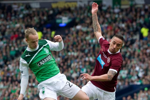 Leigh Griffiths challenges Suso during the Hibs-Hearts Scottish Cup final in 2012.