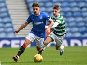 Rangers' Arron Lyall (L) and Celtic's MacKenzie Carse in action during Lowland League match between Rangers B and Celtic B at Ibrox on April 2, 2023 (Photo by Craig Foy / SNS Group)