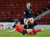 Scotland's Caroline Weir and Austria's Sarah Zadrazil during a FIFA Women's World Cup playoff match between Scotland and Austria at Hampden Park, on October 06, 2022, in Glasgow, Scotland. (Photo by Alan Harvey / SNS Group)