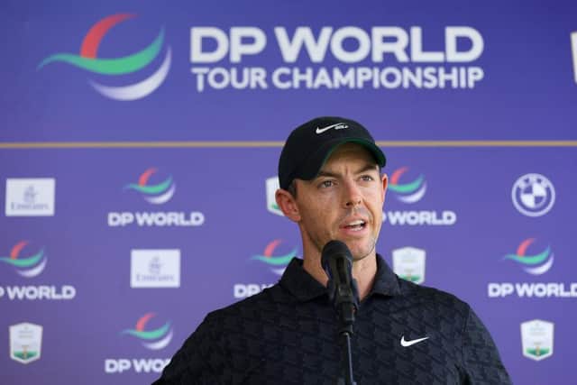 Rory McIlroy talks to the media ahead of the DP World Tour Championship at Jumeirah Golf Estates in Dubai. Picture: Luke Walker/Getty Images.