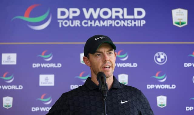 Rory McIlroy talks to the media ahead of the DP World Tour Championship at Jumeirah Golf Estates in Dubai. Picture: Luke Walker/Getty Images.