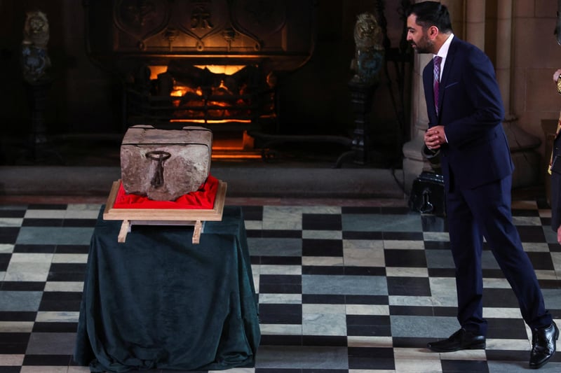 First Minister Humza Yousaf views the Stone of Destiny, which is also known as the Stone of Scone