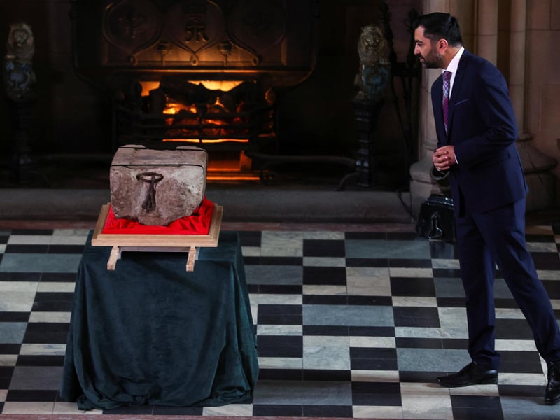 First Minister Humza Yousaf views the Stone of Destiny, which is also known as the Stone of Scone