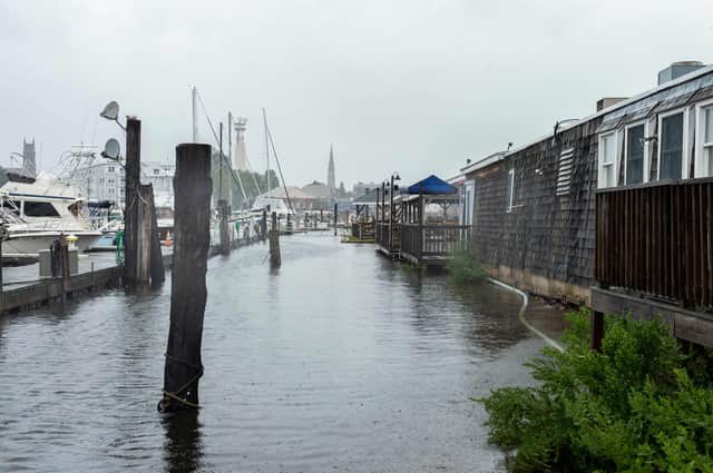 Flooding as Tropical Storm Henri approached in New London, Connecticut earlier this week. (Photo by JOSEPH PREZIOSO / AFP) (Photo by JOSEPH PREZIOSO/AFP via Getty Images)