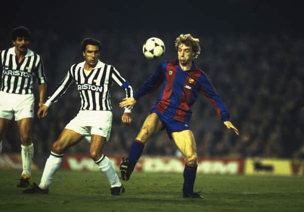 Steve Archibald (right) of Barcelona takes on Gatetano Scirea of Juventus during a European Cup match in 1986. Pic: Allsport UK /Allsport