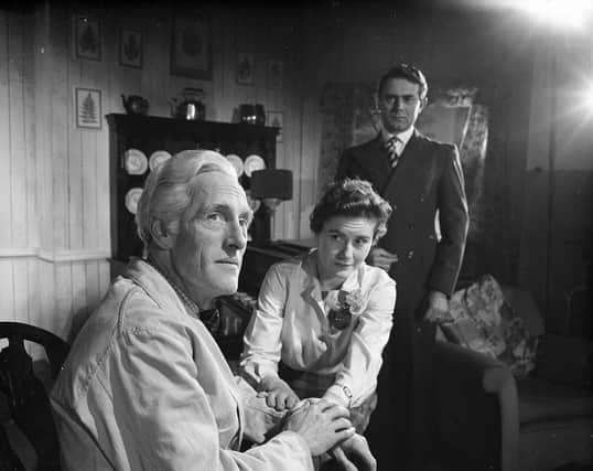 Wilfrid Brambell, Hilary Liddell and Henry Manning performing with the London Club Theatre in 'Honour Bond' at St Mary's Hall in the Edinburgh Festival Fringe in 1956.