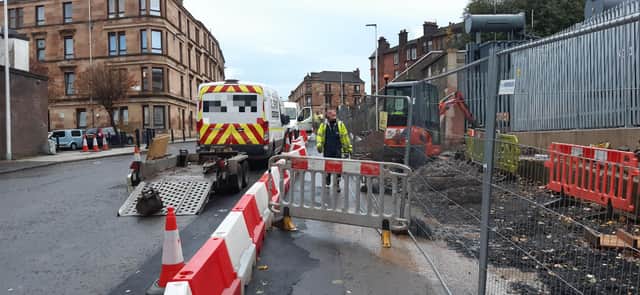 Construction of new segregated cycle lanes on the diversion route on Old Dumbarton Road was still incomplete on Thursday because of work on a new electricity sub-station. Picture: The Scotsman