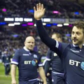 Scotland's Greig Laidlaw celebrates after the Six Nations win over England at Murrayfield in 2018.