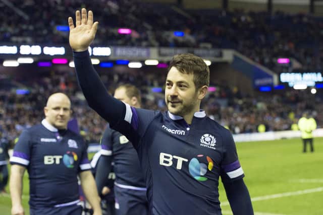 Scotland's Greig Laidlaw celebrates after the Six Nations win over England at Murrayfield in 2018.