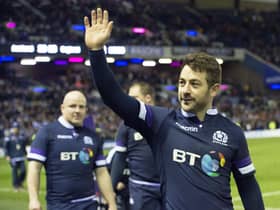 Scotland's Greig Laidlaw celebrates after the Six Nations win over England at Murrayfield in 2018.