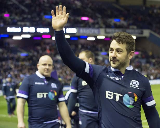 Scotland's Greig Laidlaw celebrates after the Six Nations win over England at Murrayfield in 2018.