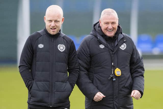 Hearts interim manager Steven Naismith and assistant Frankie McAvoy take training at the Oriam on Thursday. (Photo by Mark Scates / SNS Group)