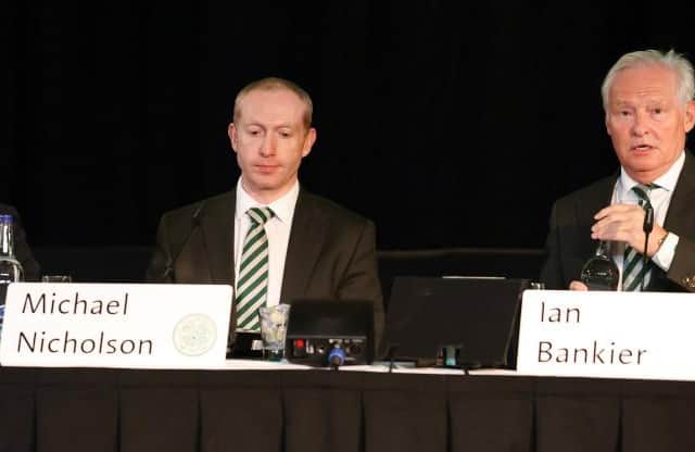 Acting chief executive Michael Nicholson (L) and chairman Ian Bankier during the Celtic FC Annual General Meeting at Celtic Park, on November 17, 2021, in Glasgow, Scotland. (Photo by Craig Williamson / SNS Group)