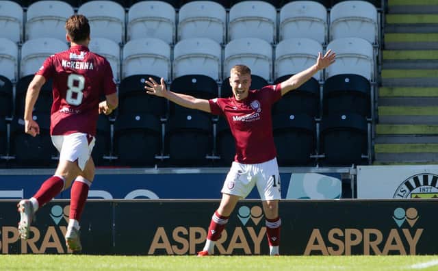 Arbroath's Dylan Patterson (c) celebrates scoring a late winner at St Mirren. (Photo by Ewan Bootman / SNS Group)