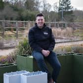 Andrew Vincent with the building blocks, which are made from recycled plastic. Picture: Andrew Loughlin, 360 Bid