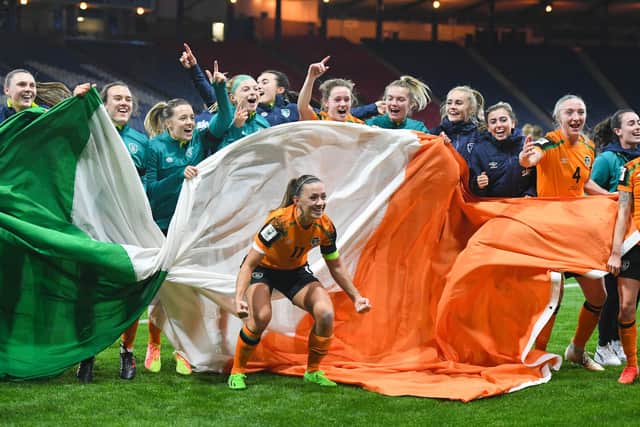 Republic Of Ireland celebrate their World Cup qualification (Photo by Ross MacDonald / SNS Group)