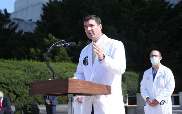 Dr. Sean Conley, White House physician, speaks during a press conference outside of Walter Reed National Military Medical Center in Bethesda, Maryland, (Getty Images)