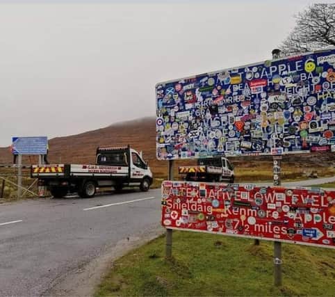 The defaced road sign at the Bealach na Bà which has now been acquired by Applecross Heritage Centre. PIC: Contributed.