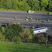 Emergency services at the scene of a coach crash on the M53 motorway. Photo: Peter Byrne/PA Wire