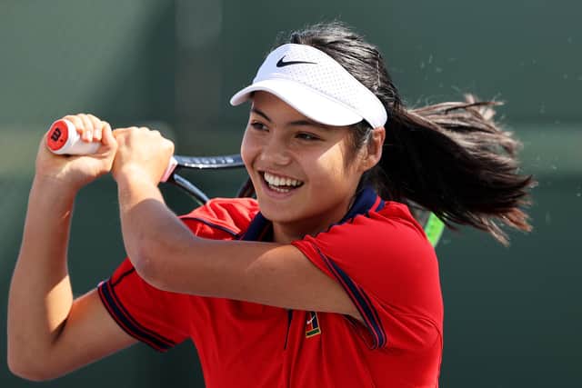 Emma Raducanu during a practice session at the BNP Paribas Open at the Indian Wells Tennis Garden, California  (Photo by Clive Brunskill/Getty Images)