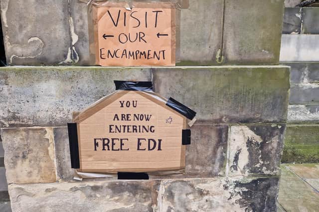 Entrance to Old College protest camp at Edinburgh University