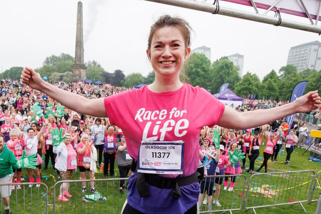 Laura Eggo, a mum from East Kilbride who was diagnosed with breast cancer just before her 40th birthday, took to the stage ahead of the Glasgow event as guest of honour. She ran the 10K with her husband, Brian. PIC: Steve Welsh.
