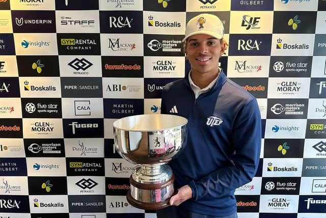 Amateur Sebastian Sandin shows off the trophy after winning the Cardrona Classic presented by Cala Homes. Picture: Tartan Pro Tour