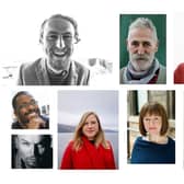 The eight writers contributing to Sound Stage are (clockwise from top left) Gary McNair, John Byrne, Jaimini Jethwa, Timberlake Wertenbaker, Linda Radley,  Frances Poet, Mark Ravenhill and Roy Williams