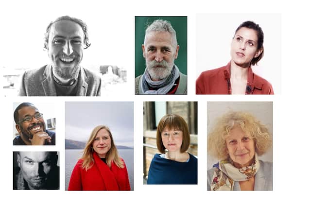 The eight writers contributing to Sound Stage are (clockwise from top left) Gary McNair, John Byrne, Jaimini Jethwa, Timberlake Wertenbaker, Linda Radley,  Frances Poet, Mark Ravenhill and Roy Williams