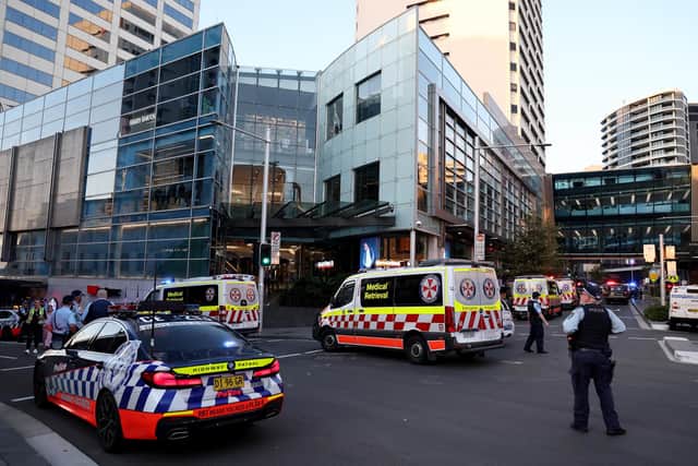 Police cordon off the Westfield Bondi Junction shopping mall (Photo by DAVID GRAY / AFP) (Photo by DAVID GRAY/AFP via Getty Images)