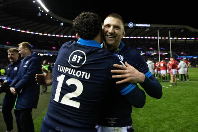 Finn Russell and Sione Tuipulotu embrace after the Six Nations win over Wales at Murrayfield. (Photo by Craig Williamson / SNS Group)