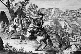 William Augustus, the Duke of Cumberland (1721 - 1765) leads the British army across the River Spey before the Battle of Culloden in Scotland, 16th April 1746.