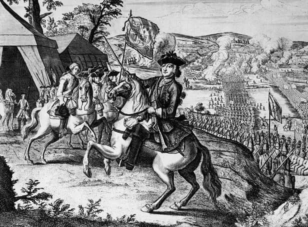 William Augustus, the Duke of Cumberland (1721 - 1765) leads the British army across the River Spey before the Battle of Culloden in Scotland, 16th April 1746.