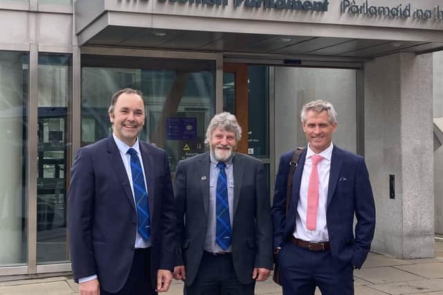 Pictured from left to right are NFUS vice president Robin Traquair, president Martin Kennedy and policy chief Jonnie Hall outside the Scottish Parliament this week.