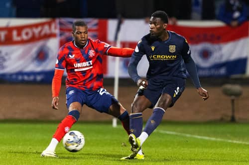 Rangers Dujon Sterling, left, challenges Dundee's Amadou Bakayoko during Wednesday's 0-0 draw at Dens Park.