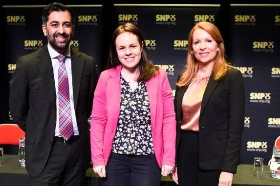 Humza Yousaf, Kate Forbes and Ash Regan at the SNP leadership hustings on 8 March (Picture: Andy Buchanan - Pool/Getty Images)